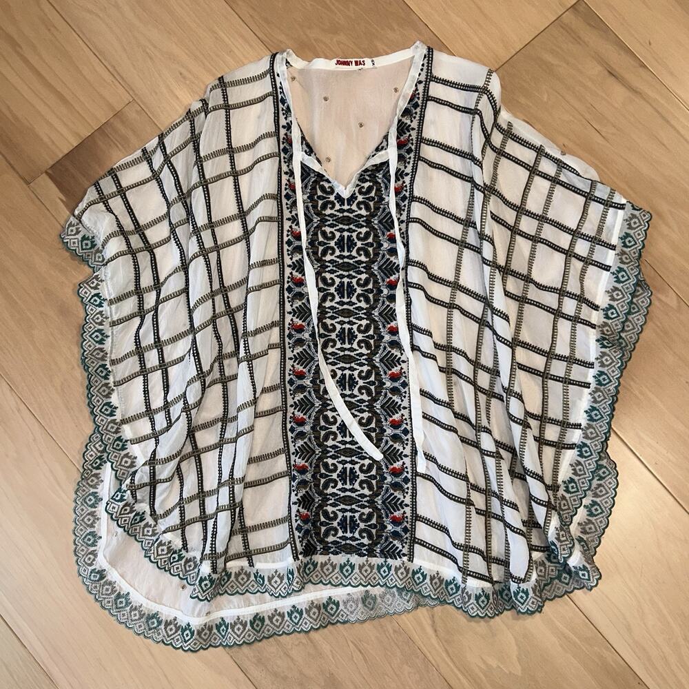 Johnny Was Cherpas Embroidered White Gray Poncho Women’s XS